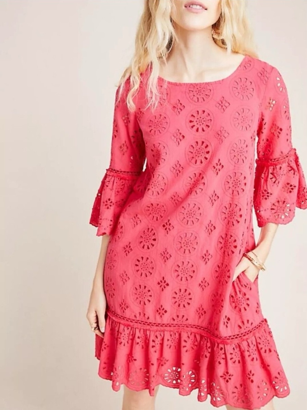 Anthropologie Dani Eyelet Lace Shift Dress Pink Bell Sleeve Ruffle Hem Size 4